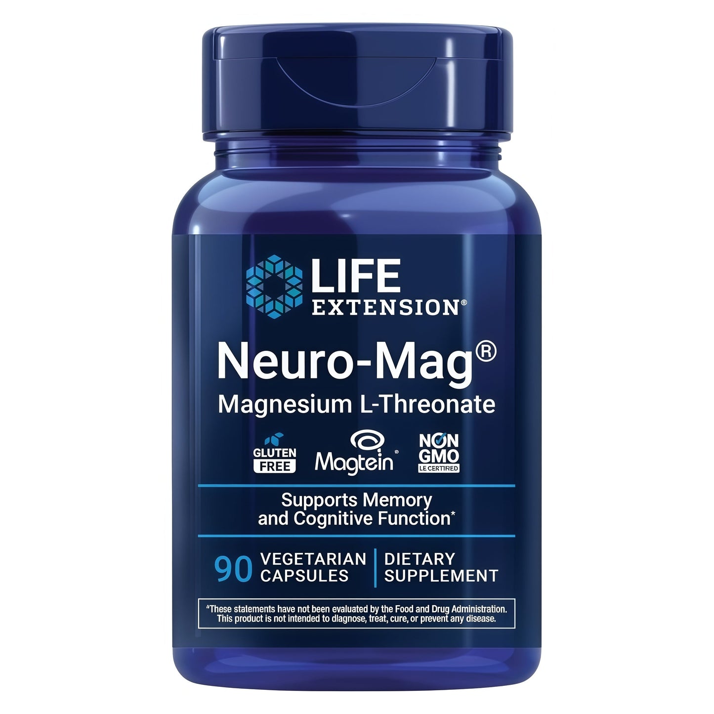 Life Extension Neuro-Mag Magnesium L-Threonate, Memory Health, Quick Thinking, Cognitive Health Support, Vegetarian, Non-GMO, 90 Vegetarian Capsules (144 mg from 2000 mg Magtein magnesium L-threonate