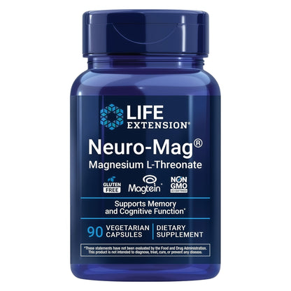 Life Extension Neuro-Mag Magnesium L-Threonate, Memory Health, Quick Thinking, Cognitive Health Support, Vegetarian, Non-GMO, 90 Vegetarian Capsules (144 mg from 2000 mg Magtein magnesium L-threonate