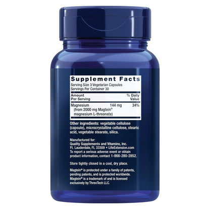 Life Extension Neuro-Mag Magnesium L-Threonate, Memory Health, Quick Thinking, Cognitive Health Support, Vegetarian, Non-GMO, 90 Vegetarian Capsules (144 mg from 2000 mg Magtein magnesium L-threonate